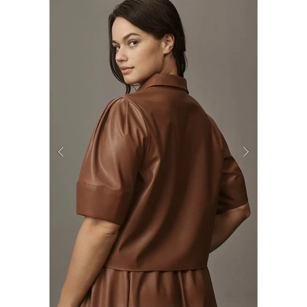 Maeve Brown Faux Leather Collared Short Sleeve Button-Up Blouse Women 2X - Picture 2 of 4